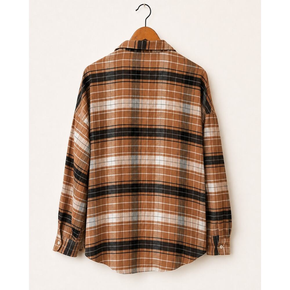 Victoria's Secret Womens Plaid Flannel Shirt Brown Black Oversized Button Sz L - Picture 2 of 4